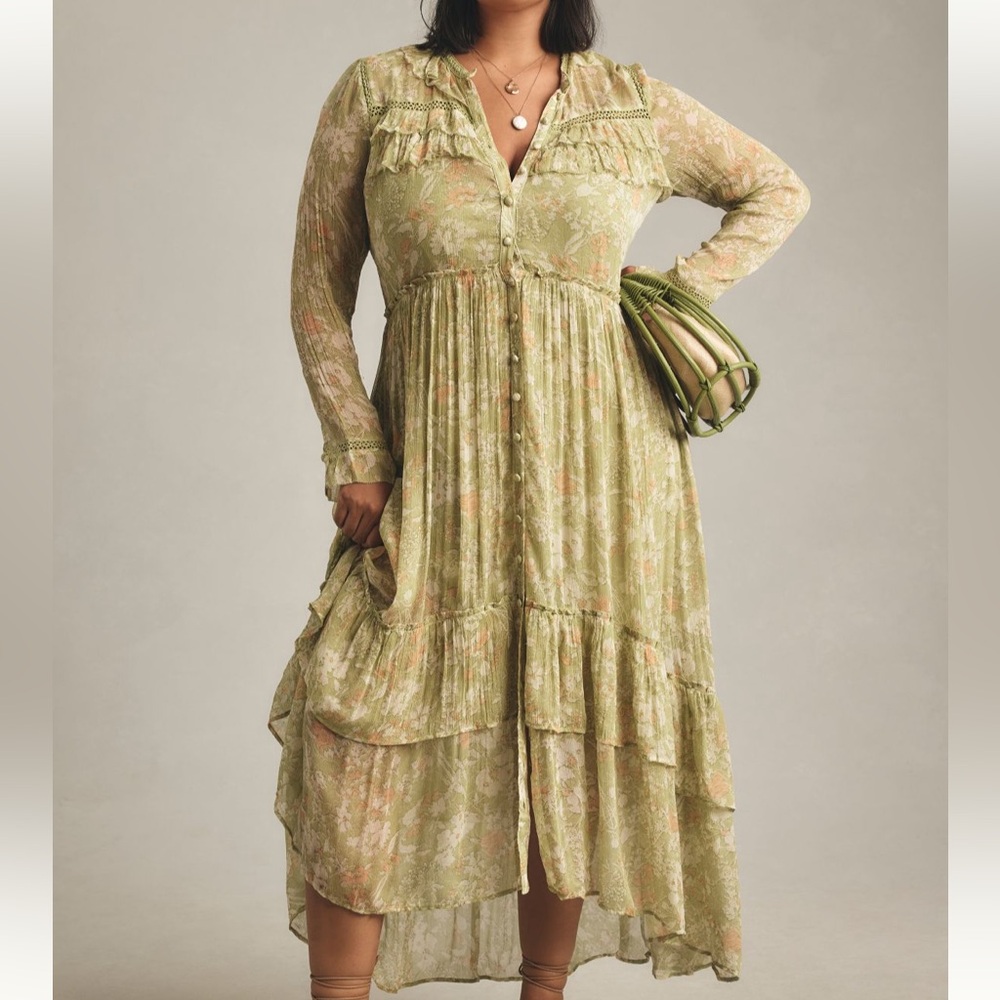 By Anthropologie Long Sleeve Sheer Hanky-Hem Midi Dress